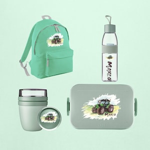 Coffret Mepal personnalisé avec tracteur cool | Lunchpot, boîte à lunch avec bouteille et sac à dos | Bouteille à boire boîte à lunch école maternelle garderie