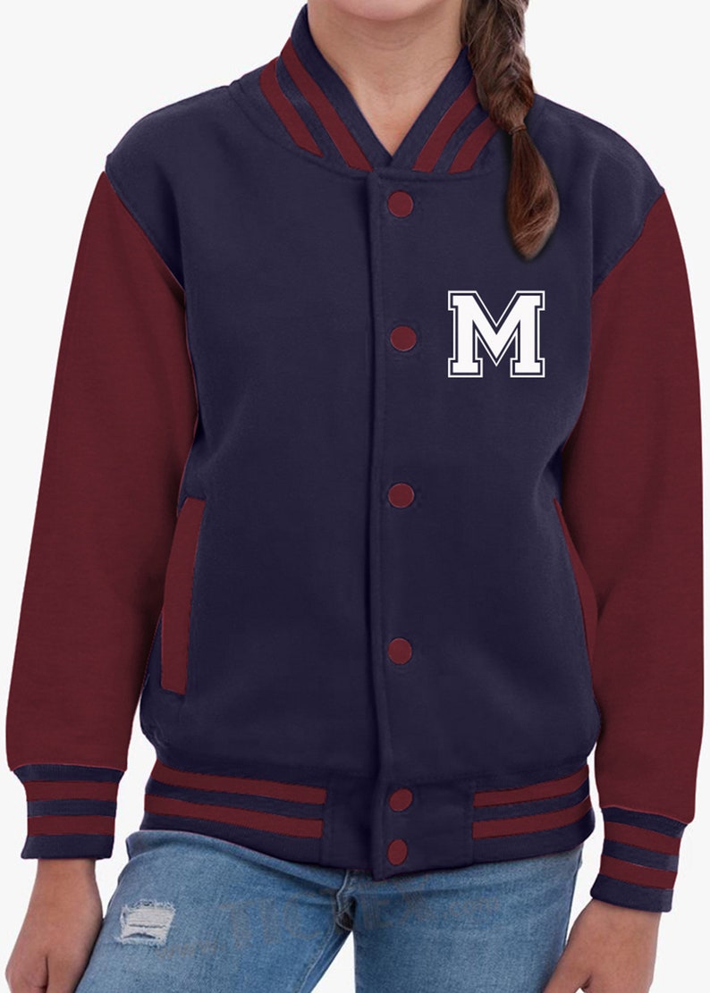 Personalisierte College Jacke mit Initiale für Kinder und Erwachsene College Jacke mit Wunschbuchstabe oder Zahl im College Style Navy-Burgundy-Weiss