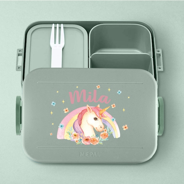 Personalisierte Mepal Take a break Brotdose mit Fächern | Personalisierte Bento Brotdose mit niedlichem Einhorn für Kindergarten und Schule