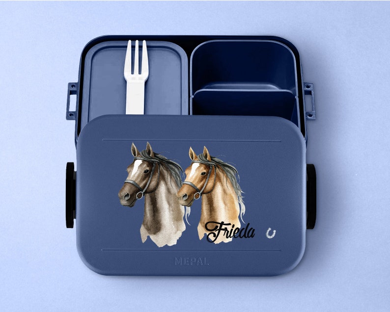 Personalized Mepal lunch box with bento compartments Personalized lunch box with beautiful horses 900ml Lunch box for school and daycare Nordic-denim