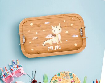 Personalisierte nachhaltige Brotdose aus Bambus mit Drachen-Aufdruck | 750ml Lunchbox mit eigenem Namen für die Schule, Kindergarten