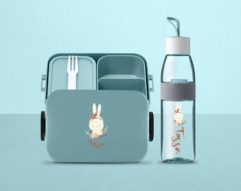 Mepal Nordic lunch box set with cute rabbit and name | Personalized lunch box and water bottle for daycare, kindergarten and school