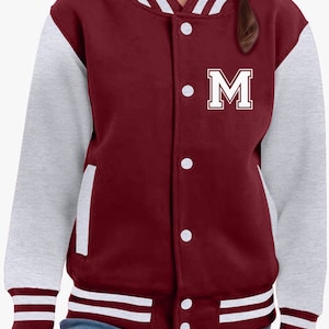 Personalized College Jacket with Initial for Kids and Adults College jacket with desired letter or number in college style Burgundy-Grau