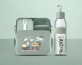Personalisiertes Mepal Set mit Brotdose und Wasserflasche mit niedlichem Zug | Personalisierte Lunchbox & Wasserflasche für Kita, Schule