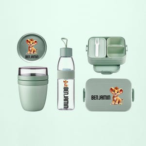 Ensemble Mepal personnalisé avec bébés lions | Boîte à lunch, boîte à lunch à bouteille | Gourde et boîte à lunch pour l'école, la maternelle, le travail et la garderie