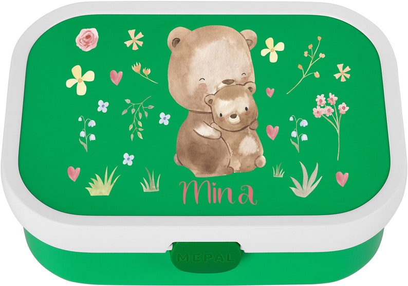 Personalized Mepal lunch box with Bento and a cute little bear for daycare and kindergarten Green