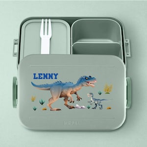 Mepal Take a break T-Rex Lunchbox mit Wunschname Personalisierte Bento Brotdose mit coolem Dino Motiv für Kita, Kindergarten und Schule Nordic-Sage