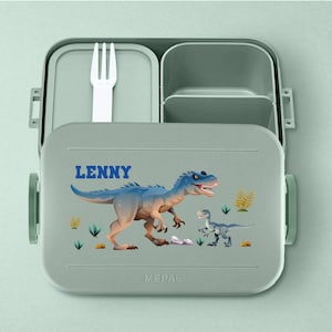 Mepal Take a break Boîte à lunch T-Rex avec nom souhaité | Boîte à lunch Bento personnalisée avec un motif de dinosaure cool pour la garderie, la maternelle et l'école