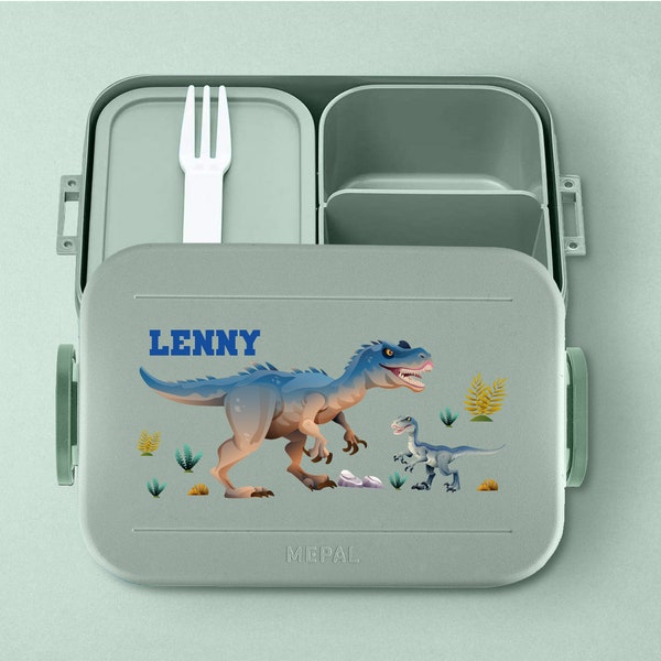 Mepal Take a break T-Rex Lunchbox mit Wunschname | Personalisierte Bento Brotdose mit coolem Dino Motiv für Kita, Kindergarten und Schule