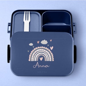 Gepersonaliseerde Mepal Take a break lunchbox Bento lunchbox met vakken met schattige regenboog voor kinderdagverblijf, kleuterschool en school Nordic-denim