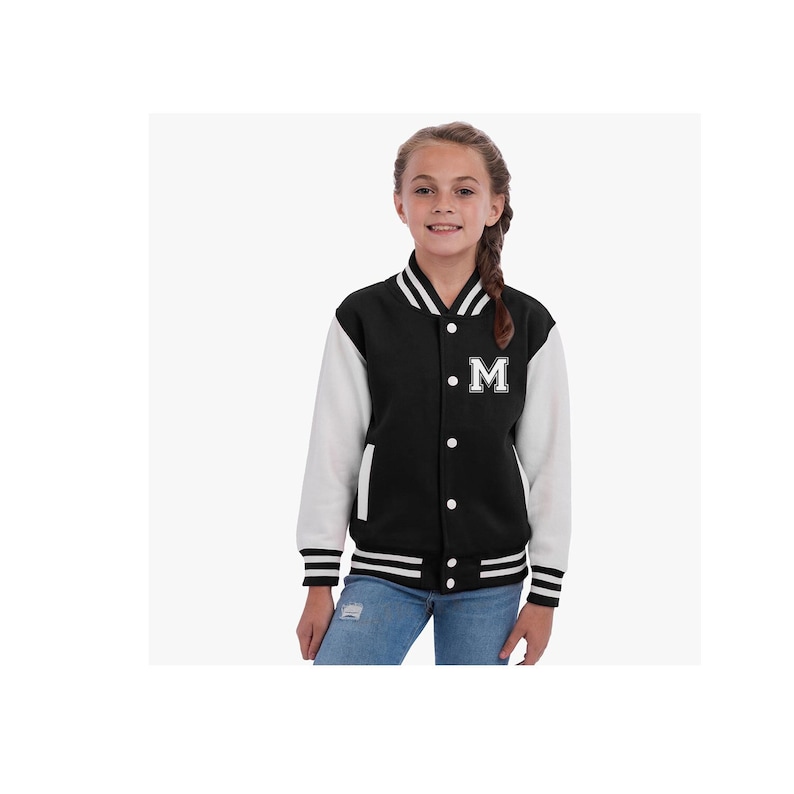 Personalisierte College Jacke mit Initiale für Kinder und Erwachsene College Jacke mit Wunschbuchstabe oder Zahl im College Style Schwarz-weiss-Weiss