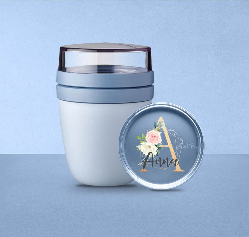 Personalisierter Mepal Lunchpot Ellipse Mini mit Wunschnamen für Schule, Kindergarten und Kita Frühstücksbecher mit goldenem Buchstaben Nordic-blue