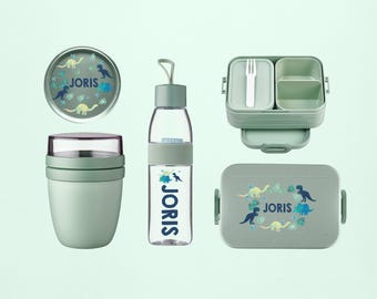 Personalisiertes Mepal Set | Lunchpot, Flasche Lunchbox | Trinkflasche und Brotdose für Schule Kindergarten Arbeit Kita | Dino Dinosaurier