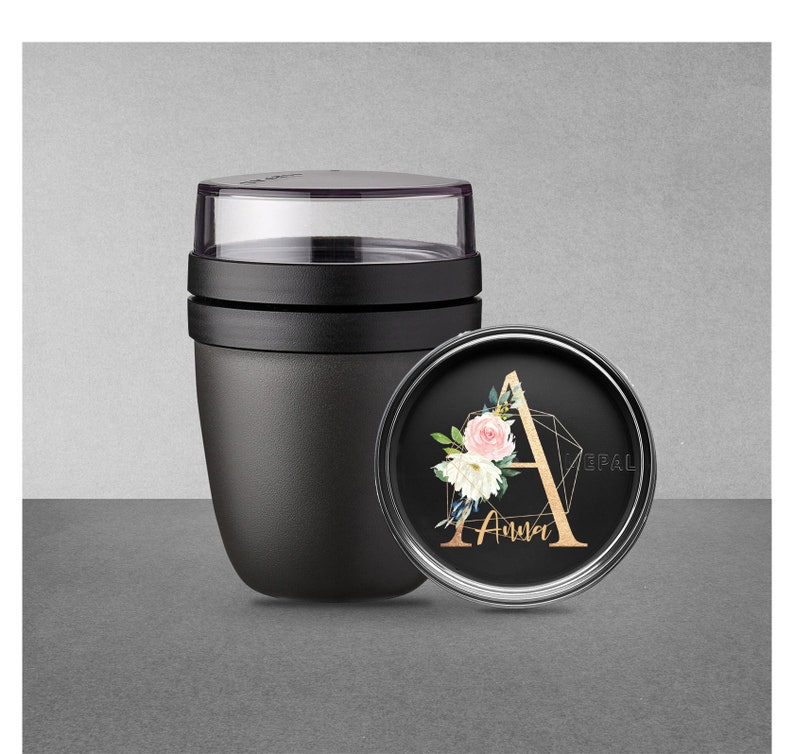 Personalized Mepal lunchpot Ellipse Mini with desired name for school, kindergarten and daycare Breakfast cup with gold letter Nordic-Black