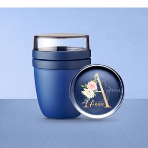 Personalized Mepal lunchpot Ellipse Mini with desired name for school, kindergarten and daycare Breakfast cup with gold letter Vivid-Blue