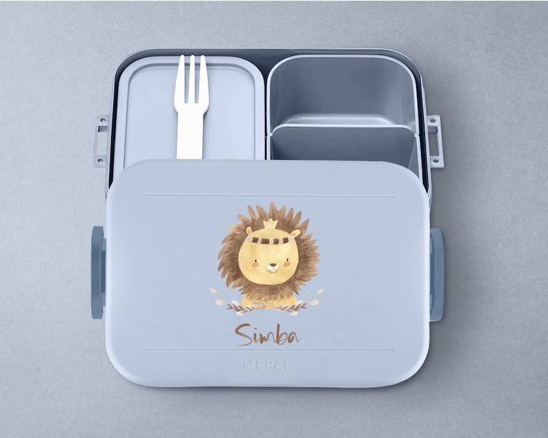 Personalisierte Mepal Brotdose Bento Box Brotdose mit Fäachern Brotdose mit niedlichem Löwen für die Schule oder Kindergarten Nordic-blue