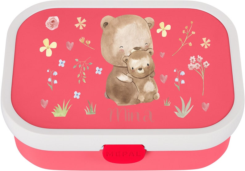 Personalized Mepal lunch box with Bento and a cute little bear for daycare and kindergarten Pink