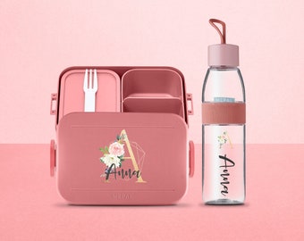 Mepal Brotdose und Wasserflasche mit blumigen Buchstaben und Namen | Personalisierte Lunchbox und Wasserflasche | Take a break midi- Set