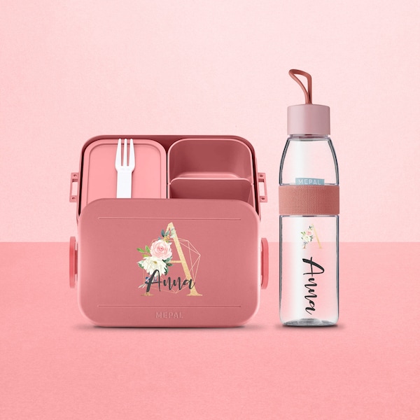 Mepal Brotdose und Wasserflasche mit blumigen Buchstaben und Namen | Personalisierte Lunchbox und Wasserflasche | Take a break midi- Set