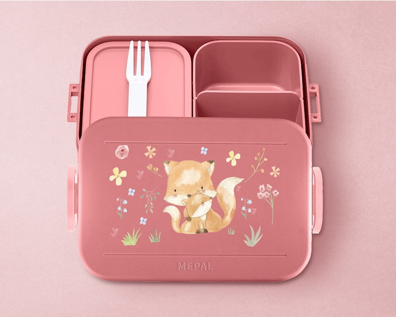 Mepal Bento Lunchbox mit Fächern Take a break Midi Personalisierte Brotdose mit niedlichem Fuchs für die Schule oder den Kindergarten Vivid-Mauve