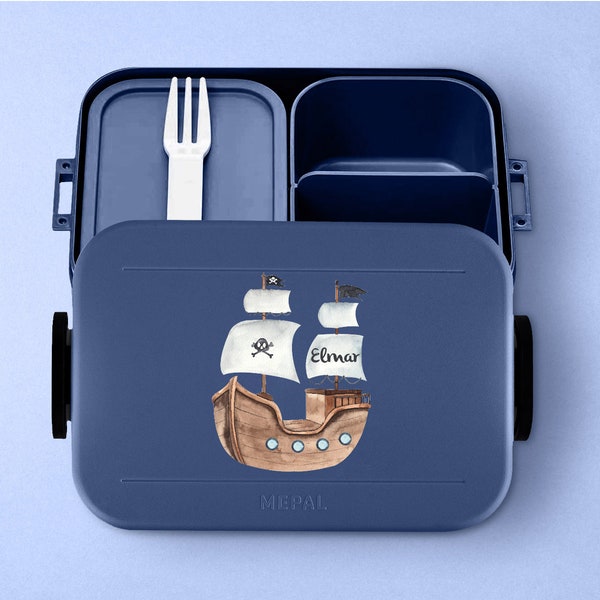 Mepal Lunchbox Take a break mit Wunschname | Personalisierte Bento Brotdose mit Piratenschiff für Kita, Kindergarten und Schule / Vesperdose