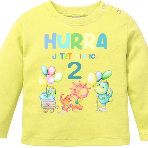 Hurra jetzt bin ich 2 | Geburtstagsshirt für die Kleinen mit süßem Dino-Motiv | Zweiter Geburtstag Hurra ich bin jetzt zwei | Langarmshirt