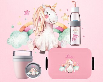 Personalized Mepal lunch box with cute unicorn / lunch box, drinking bottle, lunch pot, great backpack as a set for kindergarten and school