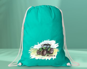 Personalized fabric bag with a cool tractor / gym bag for daycare / kindergarten or school / green tractor