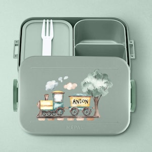 Personalized Mepal Bento lunch box with compartments and a nostalgic locomotive / train for kindergarten or school