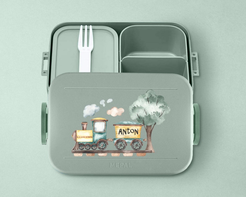 Personalisierte Mepal Bento Brotdose mit Fächern & mit nostalgischer Lokomotive / Zug für den Kindergarten oder die Schule nordic-sage