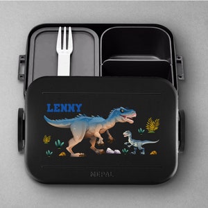 Mepal Take a break T-Rex Lunchbox mit Wunschname Personalisierte Bento Brotdose mit coolem Dino Motiv für Kita, Kindergarten und Schule Nordic-Black