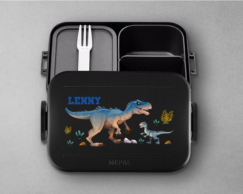 Mepal Take a break T-Rex Lunchbox mit Wunschname Personalisierte Bento Brotdose mit coolem Dino Motiv für Kita, Kindergarten und Schule Nordic-Black