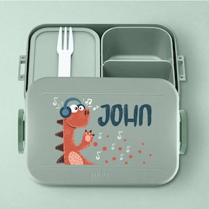Boîte à lunch Mepal personnalisée avec insert bento pour la maternelle, la garderie et l'école | Boîte à lunch avec le nom souhaité | Dinosaure cool avec des écouteurs