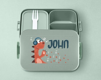 Personalisierte Mepal Lunchbox mit Bento Einsatz für Kindergarten, Kita und Schule | Brotdose mit Wunschname | Cooler dino mit Kopfhörern