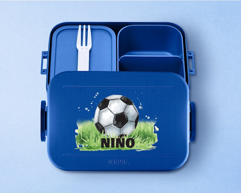 Personalized Mepal Take a Break Football Lunch Box with Compartments Personalized Bento lunch box with football for daycare and school Vivid-Blue