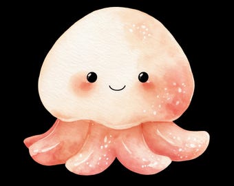 Könnte beinhalten: Eine Aquarellillustration einer hellrosa Qualle mit einer abgerundeten Glocke, kleinen schwarzen Augen, einem einfachen geschwungenen Mund und rosigen Wangen. Die Tentakel sind kurz und abgerundet und weisen dezente weiße Punkte auf.