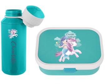 Mepal Campus Brotdose mit Wunschname |Personalisierte Bento Brotdose +Trinkflasche mit Einhorn und Meerjungfrau für Kita,Kindergarten,Schule