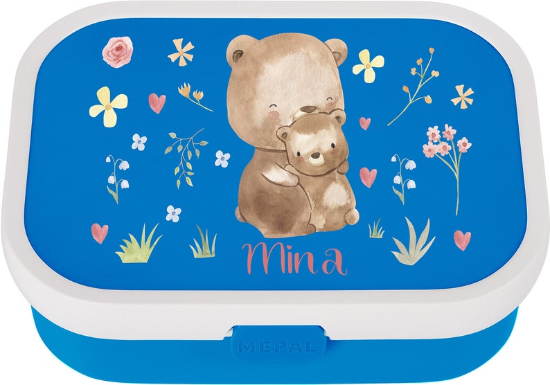 Personalized Mepal lunch box with Bento and a cute little bear for daycare and kindergarten Blue