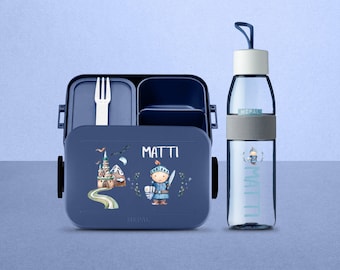 Boîte à lunch Mepal personnalisée avec un joli chevalier | Boîte à lunch personnalisée + bouteille dans un coffret pour garderie, maternelle, école