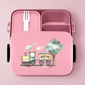 Personalisierte Mepal Bento Brotdose mit Fächern & mit nostalgischer Lokomotive / Zug für den Kindergarten oder die Schule nordic-pink