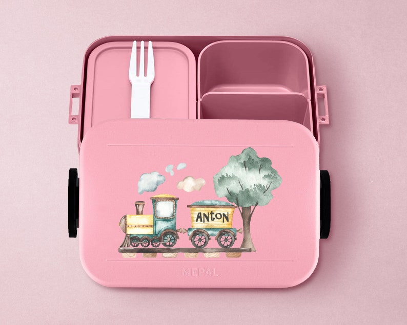 Personalisierte Mepal Bento Brotdose mit Fächern & mit nostalgischer Lokomotive / Zug für den Kindergarten oder die Schule nordic-pink