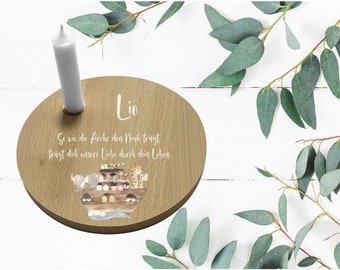 Niedliches Taufbrettchen, rund, mit Wunschname + Kerze / Taufgeschenk mit niedlicher Arche Noah und Wunschname / Geschenk für das Patenkind