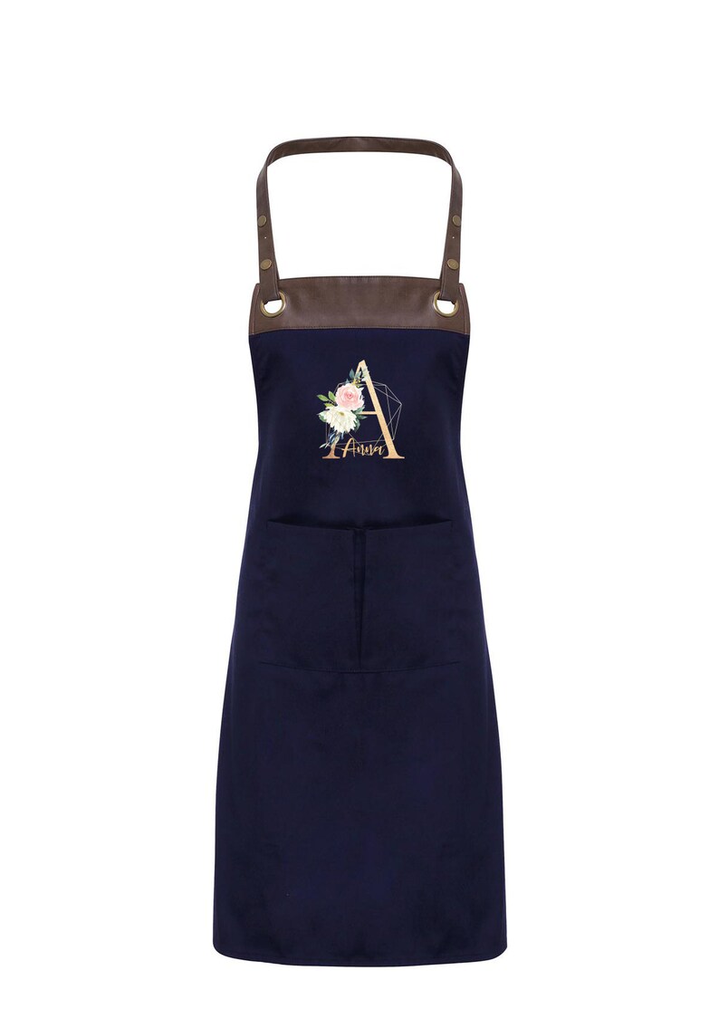 Espresso-Latzschürze mit personalisierbarem Monogramm Grillschürze Navy-Braun