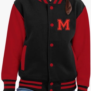 Personalisierte College Jacke mit Initiale für Kinder und Erwachsene College Jacke mit Wunschbuchstabe oder Zahl im College Style Schwarz-Rot