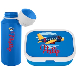 Mepal Set mit Brotdose und Pop-Up Flasche mit Wunschname | Personalisiertes Mepal Set mit niedlichem Flugzeug