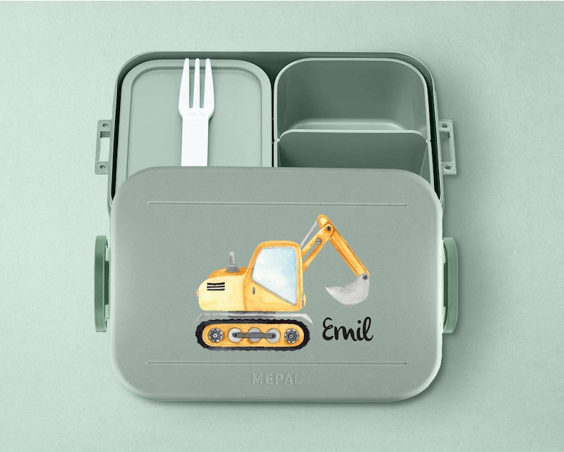 Personalized Mepal take a break lunch box with bento box Personalized lunch box with a cool excavator for daycare, kindergarten and school Nordic-Sage Lunchbox