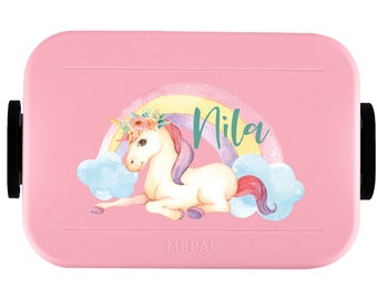 Mepal Take a break Lunchbox mit Wunschname | Personalisierte Bento Brotdose mit niedlichem Einhorn für Kita, Kindergarten und Schule