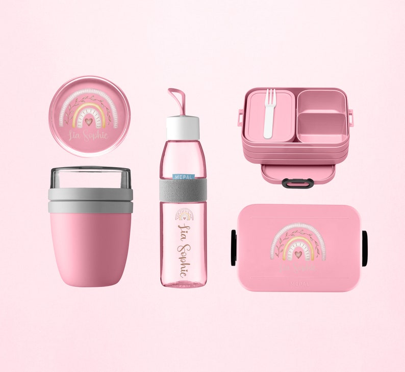 Personalisiertes Mepal take a break Luchbox Set mit Bento Einsatz und Trinkflasche & Lunchpot mini als Set für den Kindergarten und Schule Nordic-Pink