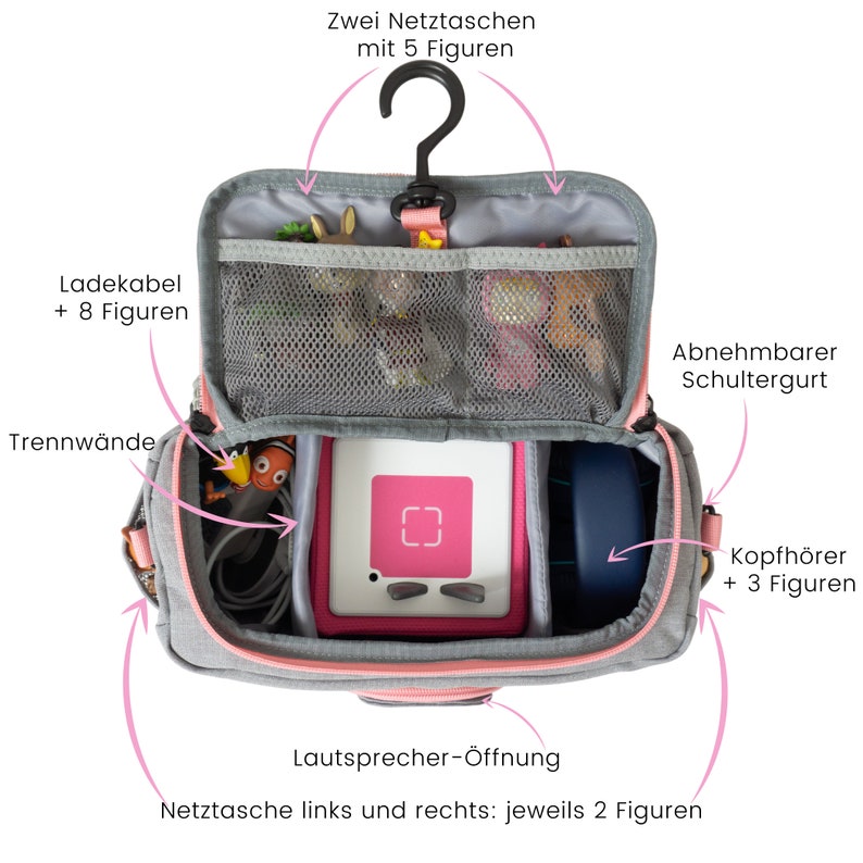 Bag for Toniebox BoxBag for figures and box Carrying case with hook and speaker-opening for travel & car, Pink, Rainbow, Unicorn, Rabbit image 2