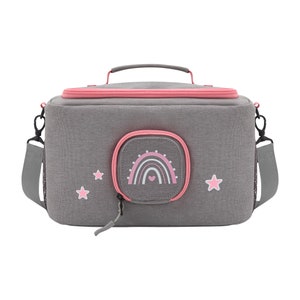 Tasche für Toniebox BoxBag für Figuren und Box Transporttasche mit Haken und Lautsprecher-Öffnung, Regenbogen, Hase, Einhorn, Fuchs Grau-Rosa Regenbogen